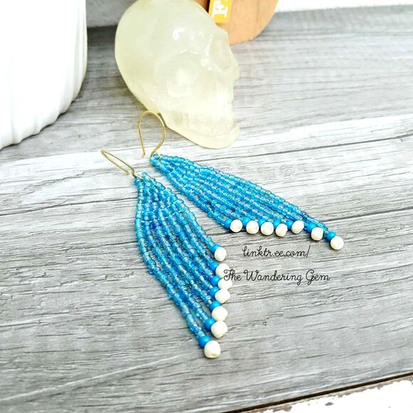 Blue & White Beaded Fringe Cascade Shoulder Duster Dangle Earrings, 3.5" - Picture 7 of 7